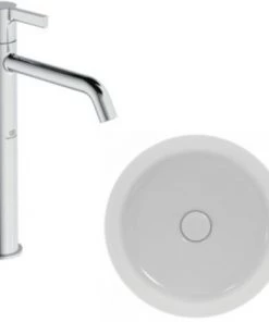 Ideal Standard Pack Vasque Ronde 40x40 Cm Ipalyss Sans Bonde Blanc Brillant + Mitigeur Lavabo Réhaussé Joy Chrome