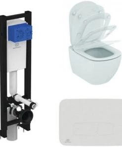 Ideal Standard - WC Suspendu Tesi Aquablade + Abattant Et Plaque De Commande Oleas Double Blanche + Bâti-support Autoportant Porcher éco
