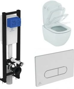 Ideal Standard WC Suspendu Tesi, Abattant, Bâti-support Autoportant Gain De Place Porcher éco Certifié NF + Plaque Carrée Oleas Double Flux Mécanique Blanche