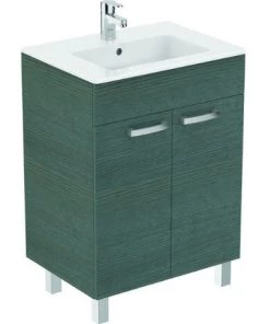 Ideal Standard Tempo Set Meuble Sur Pieds 60 Cm Avec Deux Portes Softclose, Chêne Grisé + Lavabo Blanc (TEMPOChêneGrisSablé-1)
