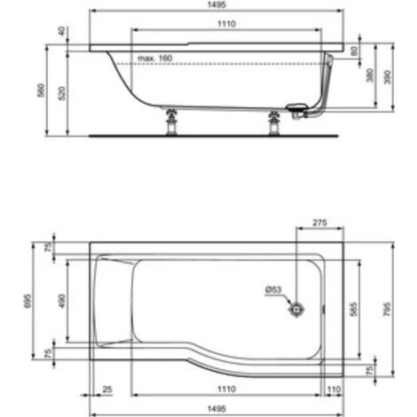 Ideal Standard Baignoire Bain/douche Asymétrique Connect Air - Version Droite Ou Gauche, 150 X 60/80 - Version Droite 5 Ideal Standard Baignoire Bain/douche Asymétrique Connect Air - Version Droite Ou Gauche, 150 X 60/80 - Version Droite – Image 3