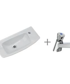 Ideal Standard Ulysse Lave-mains Autoportant En Porcelaine Vitrifiée, Blanc + Mitigeur Temporisé Olyos Tempo Sur Plage, Chrome (R033367)