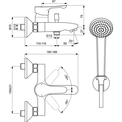 Ideal Standard Alpha Mitigeur Monocommande Externe Bain/douche Avec Douchette 1 Fonction 4 Ideal Standard Alpha Mitigeur Monocommande Externe Bain/douche Avec Douchette 1 Fonction – Image 2