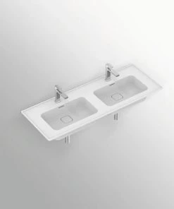 Lavabo 120 Cm Suspendu à Double Vasque Cache Bonde En Céramique Ideal Standard Strada II